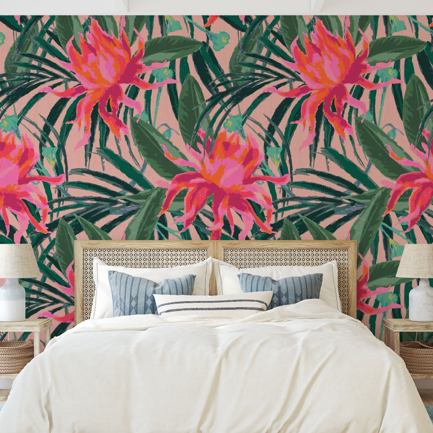 paper weave paperweave wallpaper with light pink based featuring oversized painterly tropical flowers and palm leafs in striking shades of pink and leafs in shades of deep green Natural Textured Eco-Friendly Non-toxic High-quality Sustainable Interior Design Bold Custom Tailor-made Retro chic Tropical Jungle Coastal preppy Garden Seaside Coastal Seashore Waterfront Vacation home styling Retreat Relaxed beach vibes Beach cottage Shoreline Oceanfront botanical palm leaf