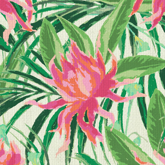 grasscloth wallpaper with cream based featuring oversized painterly tropical flowers and palm leafs in striking shades of pink and orange and leafs in shades of bright green Natural Textured Eco-Friendly Non-toxic High-quality Sustainable Interior Design Bold Custom Tailor-made Retro chic Tropical Jungle Coastal preppy Garden Seaside Coastal Seashore Waterfront Vacation home styling Retreat Relaxed beach vibes Beach cottage Shoreline Oceanfront botanical palm leaf