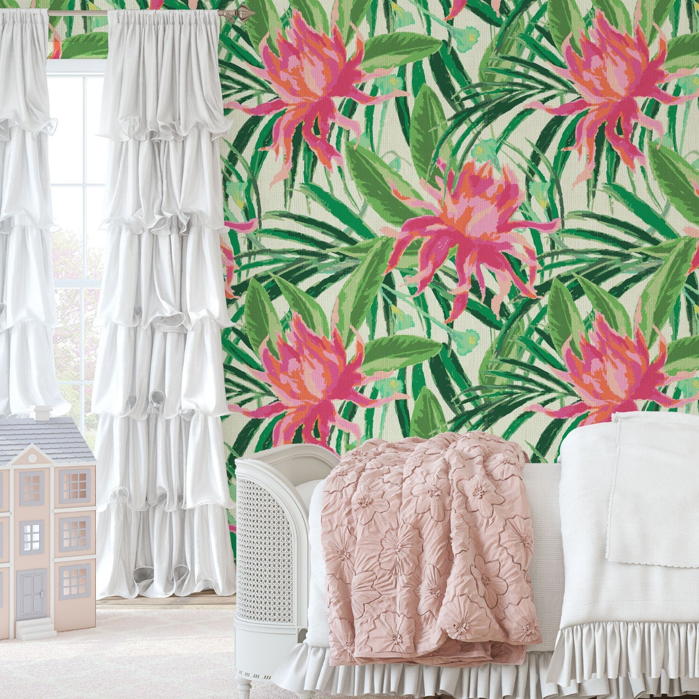 grasscloth wallpaper with cream based featuring oversized painterly tropical flowers and palm leafs in striking shades of pink and orange and leafs in shades of bright green Natural Textured Eco-Friendly Non-toxic High-quality Sustainable Interior Design Bold Custom Tailor-made Retro chic Tropical Jungle Coastal preppy Garden Seaside Coastal Seashore Waterfront Vacation home styling Retreat Relaxed beach vibes Beach cottage Shoreline Oceanfront botanical palm leaf