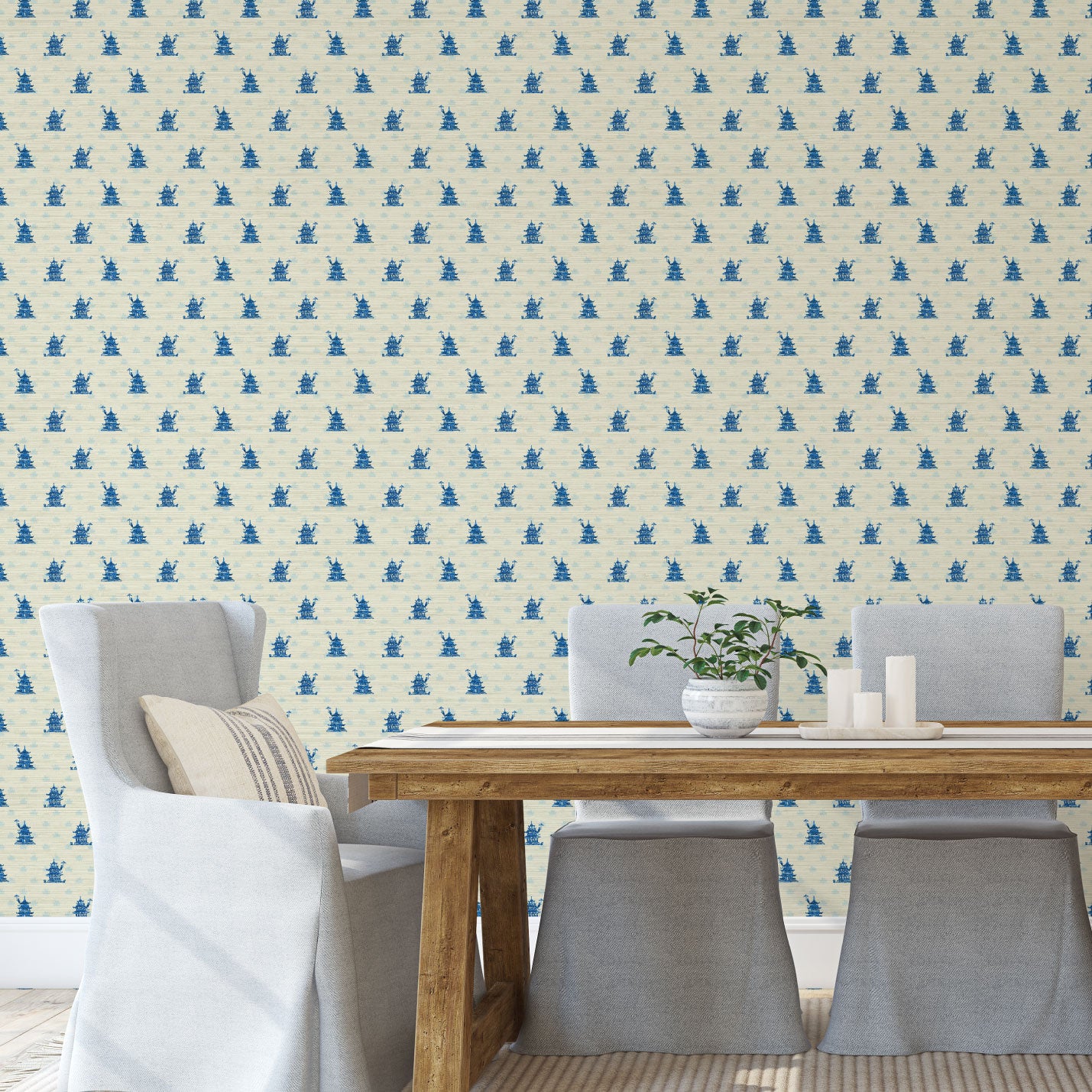 Grasscloth wallpaper Natural Textured Eco-Friendly Non-toxic High-quality  Sustainable Interior Design Bold Custom Tailor-made Retro chic Grandmillennial Maximalism  Traditional Dopamine decor french blue cream royal off-white chintz chinoiserie asian inspired pagoda chinese stripe geo geometric 