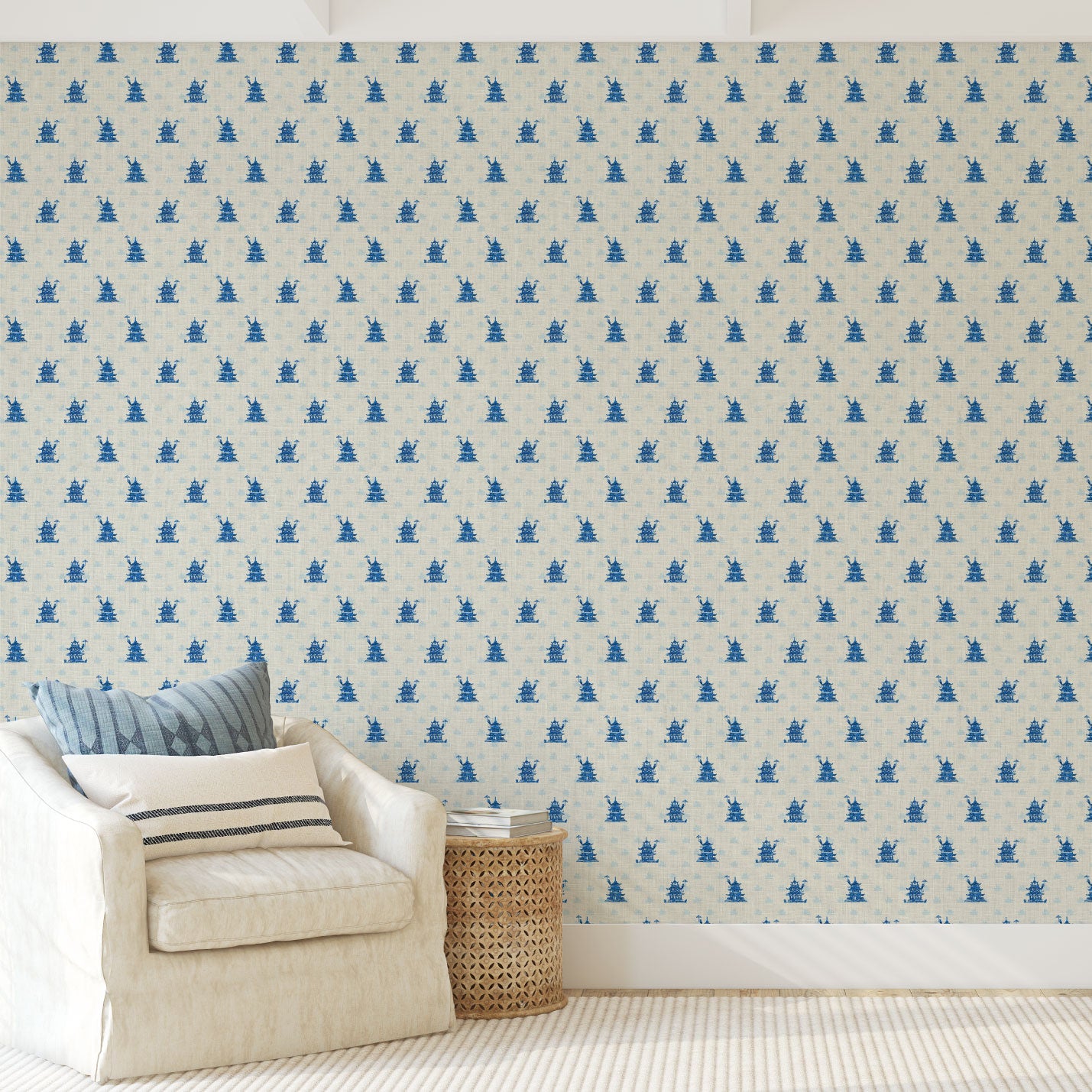 wallpaper Natural Textured Eco-Friendly Non-toxic High-quality Sustainable Interior Design Bold Custom Tailor-made Retro chic Grandmillennial Maximalism Traditional Dopamine decor french blue cream royal off-white chintz chinoiserie asian inspired pagoda chinese stripe geo geometric linen