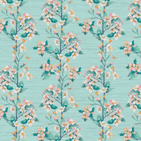 Grasscloth wallpaper Natural Textured Eco-Friendly Non-toxic High-quality  Sustainable Interior Design Bold Custom Tailor-made Retro chic Grand millennial Maximalism  Traditional Dopamine decor garden relaxed beachside retreat preppy cottage chic flower botanical florals verticals stripe teal green blue peach white