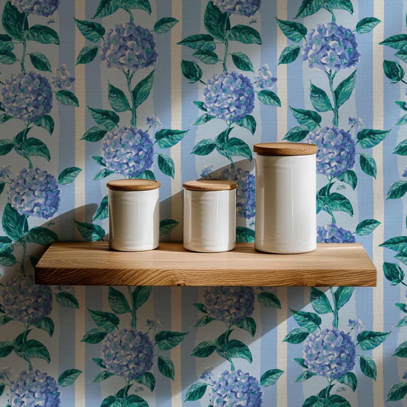 Welcome to Bloom Town Striped Botanical Hydrangea Textured Performance Vinyl Wallpaper in Bonnie Bell Blue