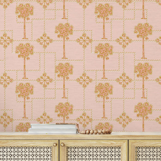 Wallpaper Textured High-quality  Interior Design Bold Custom Tailor-made Retro chic Grand millennial Maximalism  Traditional Dopamine décor Tropical Jungle Coastal Garden Seaside Seashore Waterfront Retreat Relaxed beach vibes Beach cottage Shoreline Oceanfront Nautical Cabana preppy palm tree botanical geometric stitch pattern pink