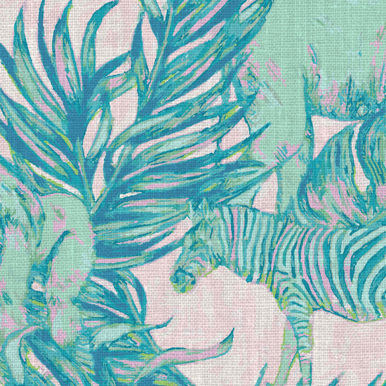 Natural Textured Eco-Friendly Non-toxic High-quality Sustainable Interior Design Bold Custom Tropical Jungle Coastal Garden palm leaf tree zoo safari elephant zebra cheetah gorilla water color oversized kids playroom nursery teal green pastel neon pink upholstery fabric