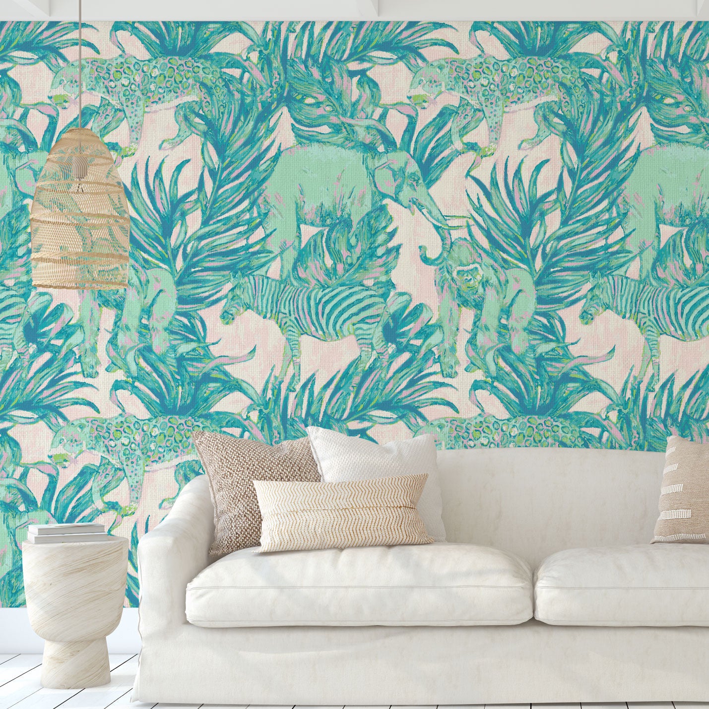 wallpaper Natural Textured Eco-Friendly Non-toxic High-quality Sustainable Interior Design Bold Custom Tropical Jungle Coastal Garden palm leaf tree zoo safari elephant zebra cheetah gorilla water color oversized kids playroom nursery teal green pastel neon pink living room paperweave paper weave