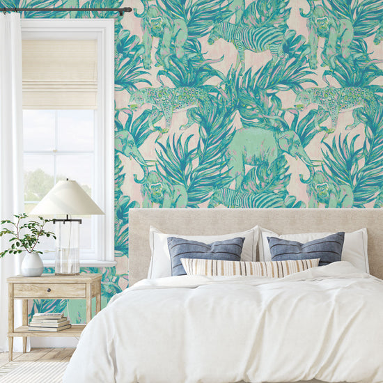 wallpaper Natural Textured Eco-Friendly Non-toxic High-quality Sustainable Interior Design Bold Custom Tropical Jungle Coastal Garden palm leaf tree zoo safari elephant zebra cheetah gorilla water color oversized kids playroom nursery teal green pastel neon pink bedroom paperweave paper weave
