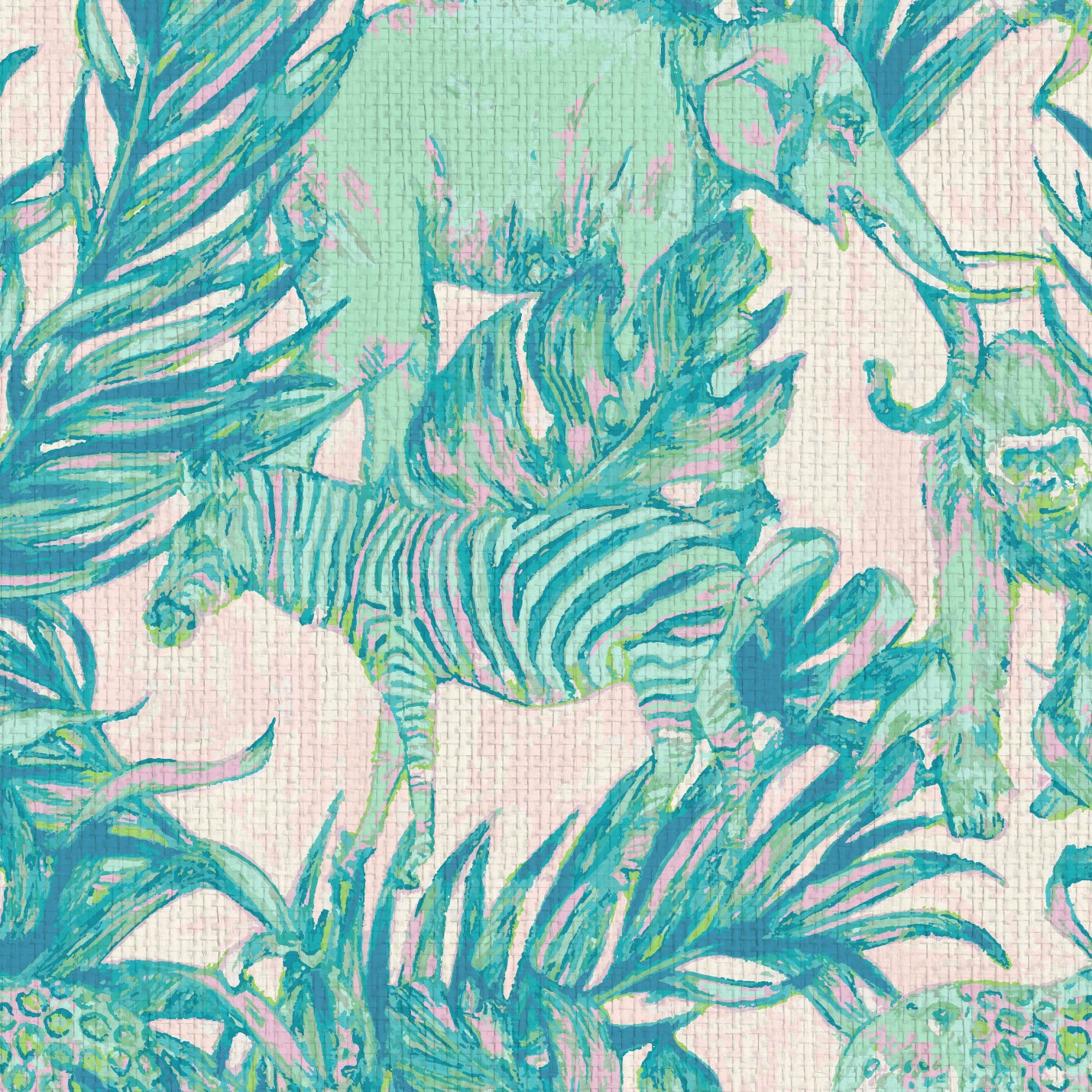 wallpaper Natural Textured Eco-Friendly Non-toxic High-quality Sustainable Interior Design Bold Custom Tropical Jungle Coastal Garden palm leaf tree zoo safari elephant zebra cheetah gorilla water color oversized kids playroom nursery teal green pastel neon pink paperweave paper weave