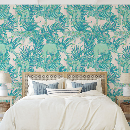 Grasscloth wallpaper Natural Textured Eco-Friendly Non-toxic High-quality  Sustainable Interior Design Bold Custom Tropical Jungle Coastal Garden palm leaf tree zoo safari elephant zebra cheetah gorilla water color oversized kids playroom nursery teal green pastel neon pink