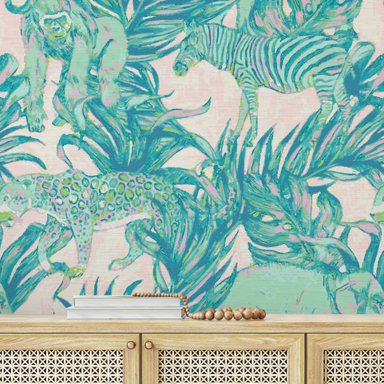 Grasscloth wallpaper Natural Textured Eco-Friendly Non-toxic High-quality  Sustainable Interior Design Bold Custom Tropical Jungle Coastal Garden palm leaf tree zoo safari elephant zebra cheetah gorilla water color oversized kids playroom nursery teal green pastel neon pink