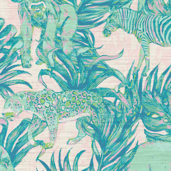 Grasscloth wallpaper Natural Textured Eco-Friendly Non-toxic High-quality  Sustainable Interior Design Bold Custom Tropical Jungle Coastal Garden palm leaf tree zoo safari elephant zebra cheetah gorilla water color oversized kids playroom nursery teal green pastel neon pink