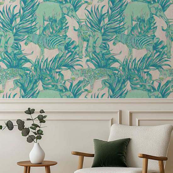 wallpaper Natural Textured Eco-Friendly Non-toxic High-quality Sustainable Interior Design Bold Custom Tropical Jungle Coastal Garden palm leaf tree zoo safari elephant zebra cheetah gorilla water color oversized kids playroom nursery teal green pastel neon pink paperweave paper weave