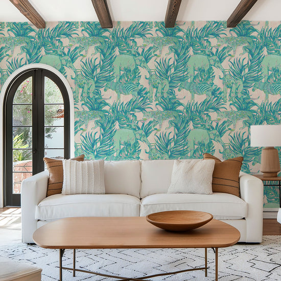 wallpaper Natural Textured Eco-Friendly Non-toxic High-quality Sustainable Interior Design Bold Custom Tropical Jungle Coastal Garden palm leaf tree zoo safari elephant zebra cheetah gorilla water color oversized kids playroom nursery teal green pastel neon pink paperweave paper weave