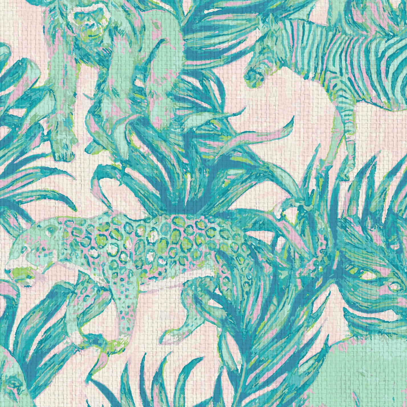 wallpaper Natural Textured Eco-Friendly Non-toxic High-quality Sustainable Interior Design Bold Custom Tropical Jungle Coastal Garden palm leaf tree zoo safari elephant zebra cheetah gorilla water color oversized kids playroom nursery teal green pastel neon pink paperweave paper weave