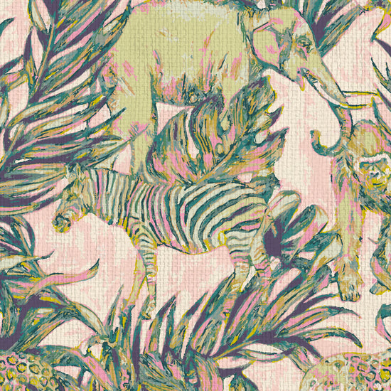 wallpaper Natural Textured Eco-Friendly Non-toxic High-quality Sustainable Interior Design Bold Custom Tropical Jungle Coastal Garden palm leaf tree zoo safari elephant zebra cheetah gorilla water color oversized kids playroom nursery green pastel neon pink paperweave paper weave