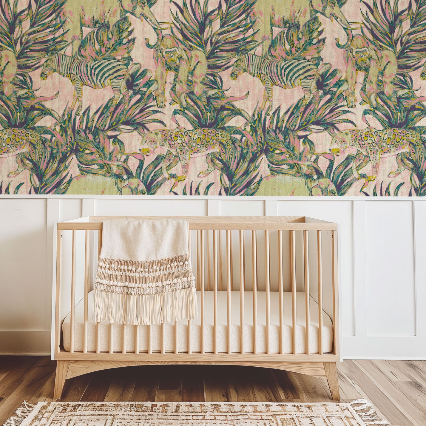 wallpaper Natural Textured Eco-Friendly Non-toxic High-quality Sustainable Interior Design Bold Custom Tropical Jungle Coastal Garden palm leaf tree zoo safari elephant zebra cheetah gorilla water color oversized kids playroom nursery green pastel neon pink paperweave paper weave