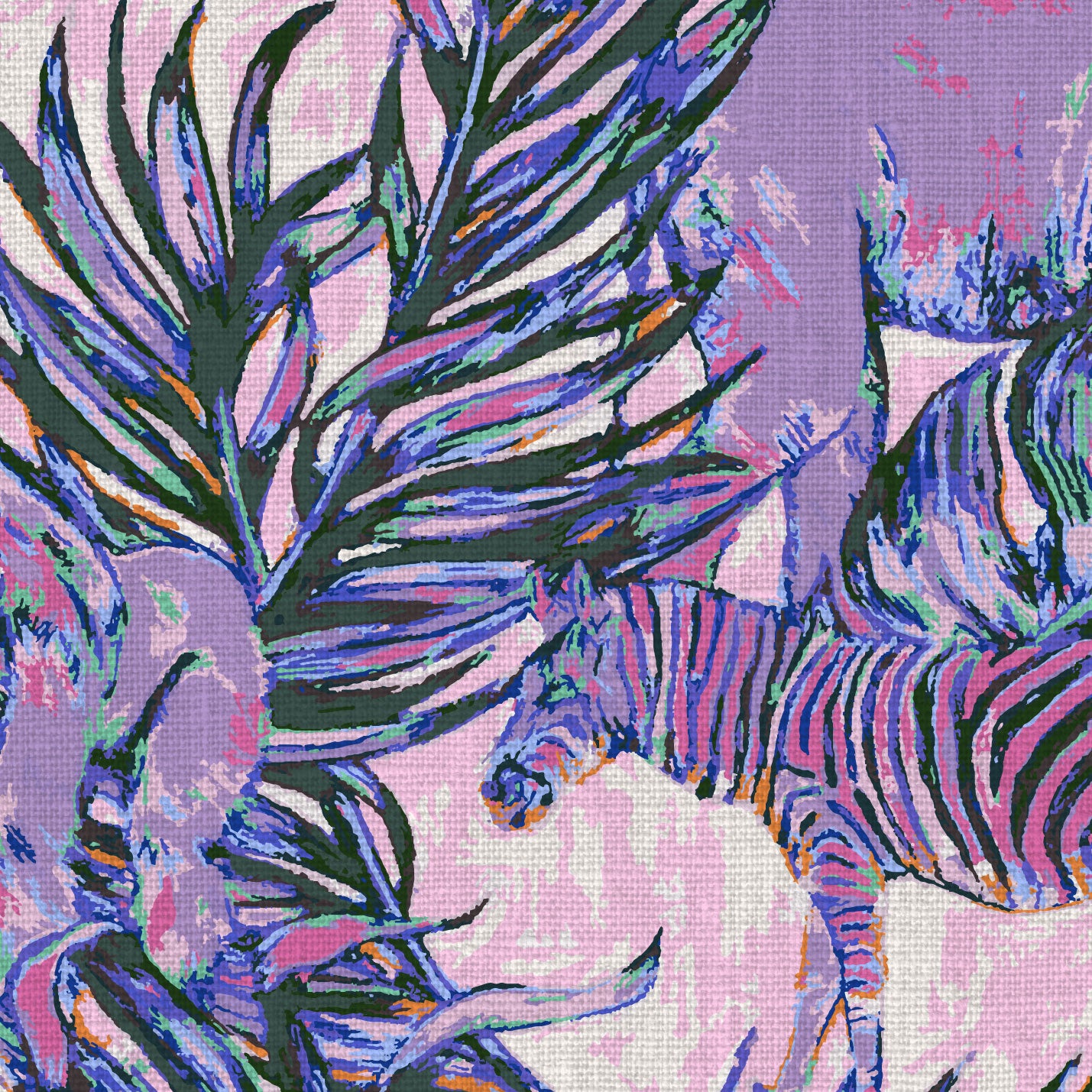 Natural Textured Eco-Friendly Non-toxic High-quality Sustainable Interior Design Bold Custom Tropical Jungle Coastal Garden palm leaf tree zoo safari elephant zebra cheetah gorilla water color oversized kids playroom nursery purple lavender lilac fabric upholstery