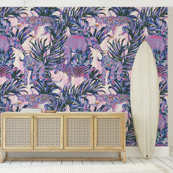 Grasscloth wallpaper Natural Textured Eco-Friendly Non-toxic High-quality Sustainable Interior Design Bold Custom Tropical Jungle Coastal Garden palm leaf tree zoo safari elephant zebra cheetah gorilla water color oversized kids playroom nursery purple lavender lilac