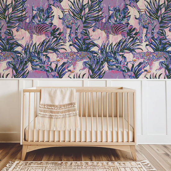 wallpaper Natural Textured Eco-Friendly Non-toxic High-quality Sustainable Interior Design Bold Custom Tropical Jungle Coastal Garden palm leaf tree zoo safari elephant zebra cheetah gorilla water color oversized kids playroom nursery purple lavender lilac paper weave paperweave basketweave basket weave