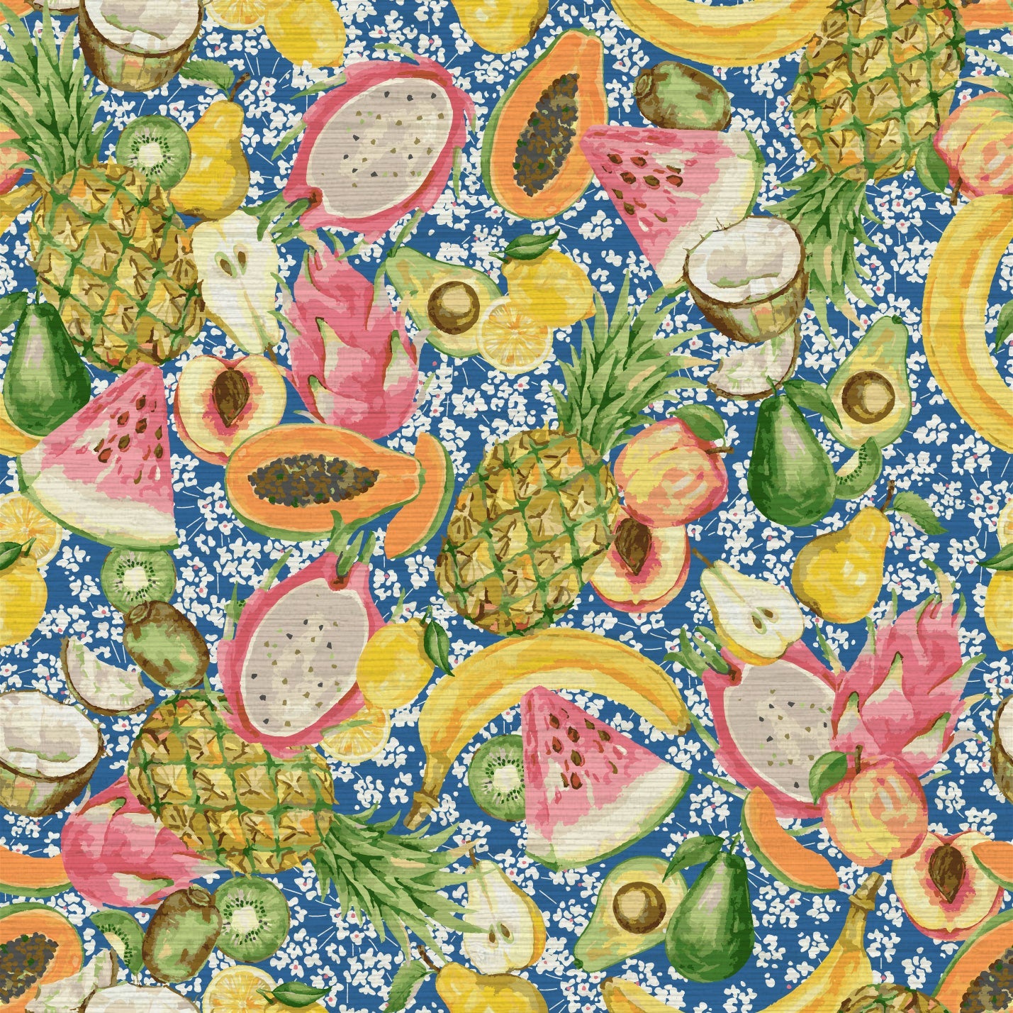 grasscloth wallpaper hand painted with watercolors, blue based print with white ditsy florals with tossed fruit layered on top including: pineapples, limes, bananas, avocados, lemons, pears, peaches, watermelon, coconuts, mangos, bananas and passion fruit