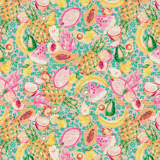 grasscloth wallpaper hand painted with watercolors, pink based print with bright green ditsy florals with tossed fruit layered on top including: pineapples, limes, bananas, avocados, lemons, pears, peaches, watermelon, coconuts, mangos, bananas and passion fruit