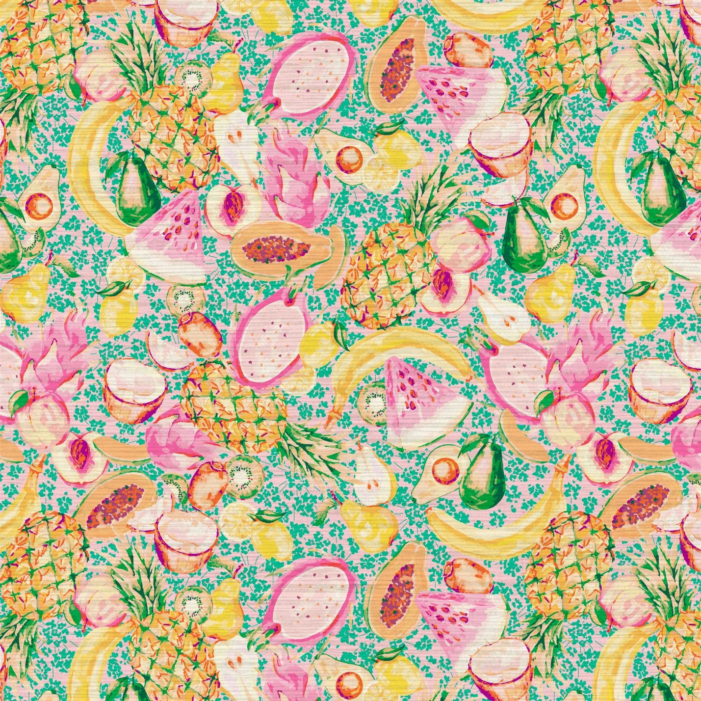 Load image into Gallery viewer, grasscloth wallpaper hand painted with pastel watercolors, pink based print with bright green ditsy florals with tossed fruit layered on top including: pineapples, limes, bananas, avocados, lemons, pears, peaches, watermelon, coconuts, mangos, bananas and passion fruit Natural Textured Eco-Friendly Non-toxic High-quality Sustainable practices Sustainability Interior Design Wall covering Bold tropical retro chic garden
