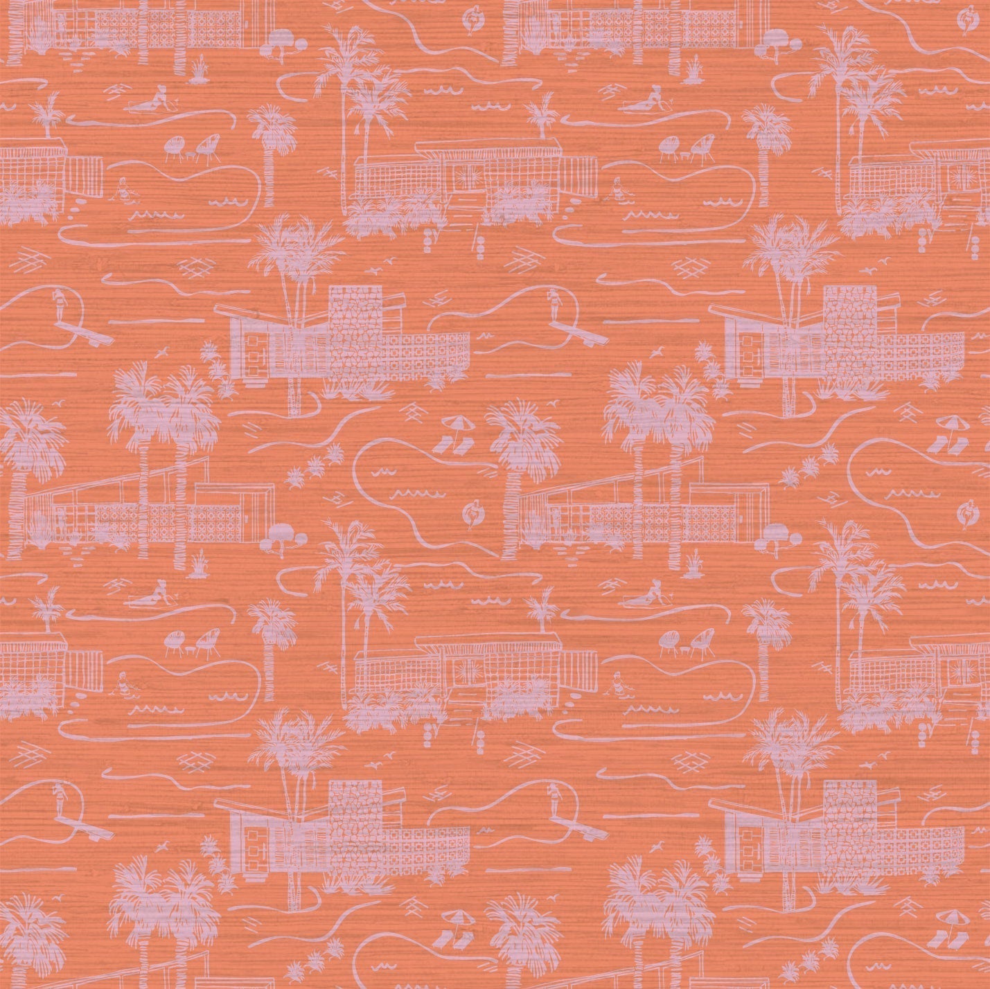 grasscloth toile printed wallpaper with mid century modern houses inspired by palm springs featuring swimming pools, palm trees and secret suntanning ladies in this hand drawn one color printed design with coral base and light pink print