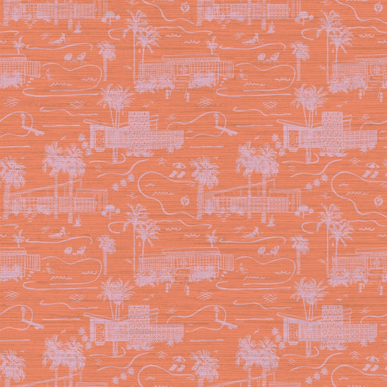 grasscloth toile printed wallpaper with mid century modern houses inspired by palm springs featuring swimming pools, palm trees and secret suntanning ladies in this hand drawn one color printed design with coral base and light pink print