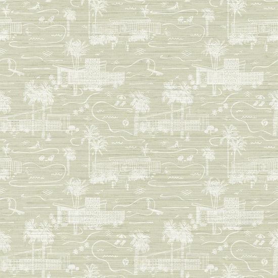 grasscloth toile printed wallpaper with mid century modern houses inspired by palm springs featuring swimming pools, palm trees and secret suntanning ladies in this hand drawn one color printed design with tan base and white print