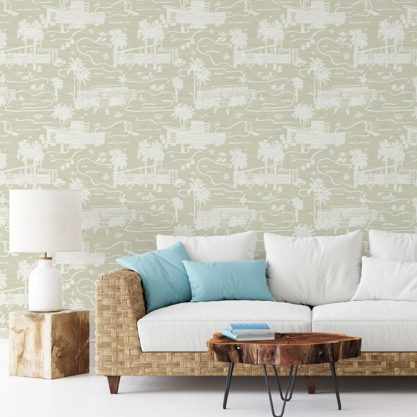 Load image into Gallery viewer, living room with grasscloth toile printed wallpaper with mid century modern houses inspired by palm springs featuring swimming pools, palm trees and secret suntanning ladies in this hand drawn one color printed design with tan base and white print
