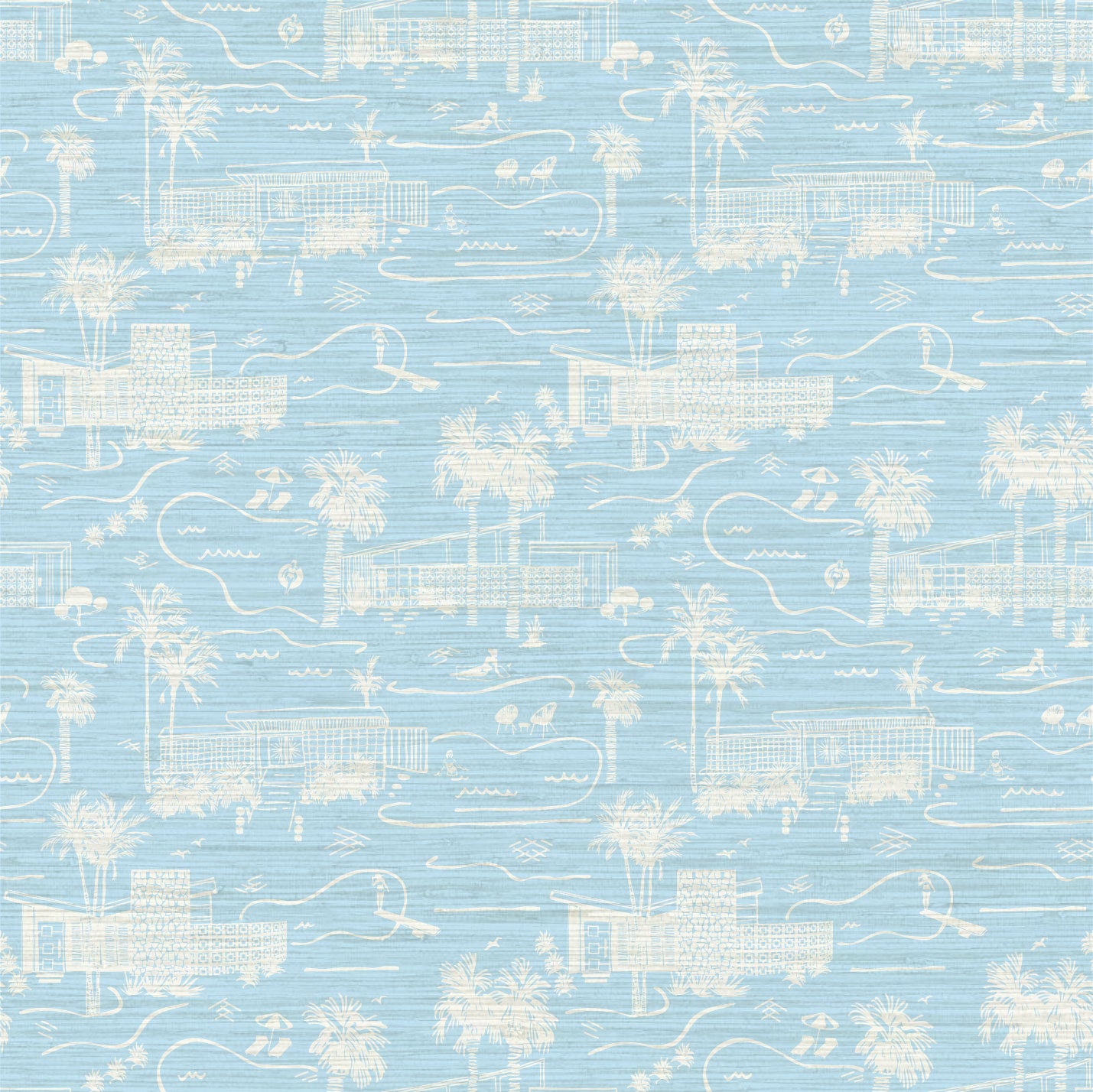 Load image into Gallery viewer, grasscloth toile printed wallpaper with mid century modern houses inspired by palm springs featuring swimming pools, palm trees and secret suntanning ladies in this hand drawn one color printed design with French blue base and white print
