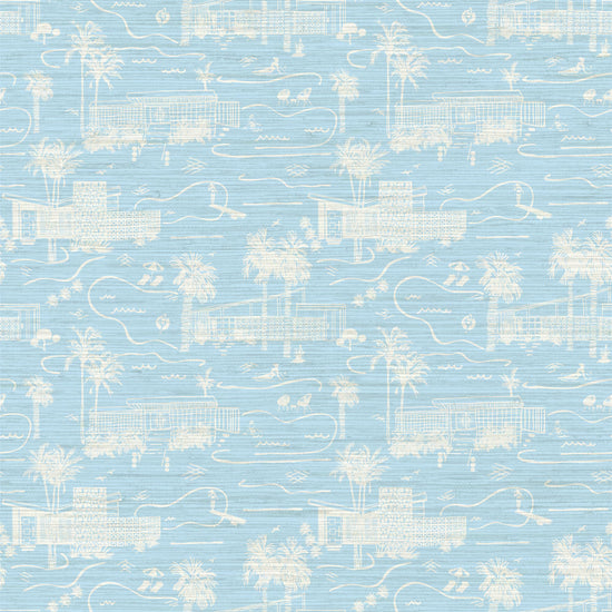 Load image into Gallery viewer, grasscloth toile printed wallpaper with mid century modern houses inspired by palm springs featuring swimming pools, palm trees and secret suntanning ladies in this hand drawn one color printed design with French blue base and white print
