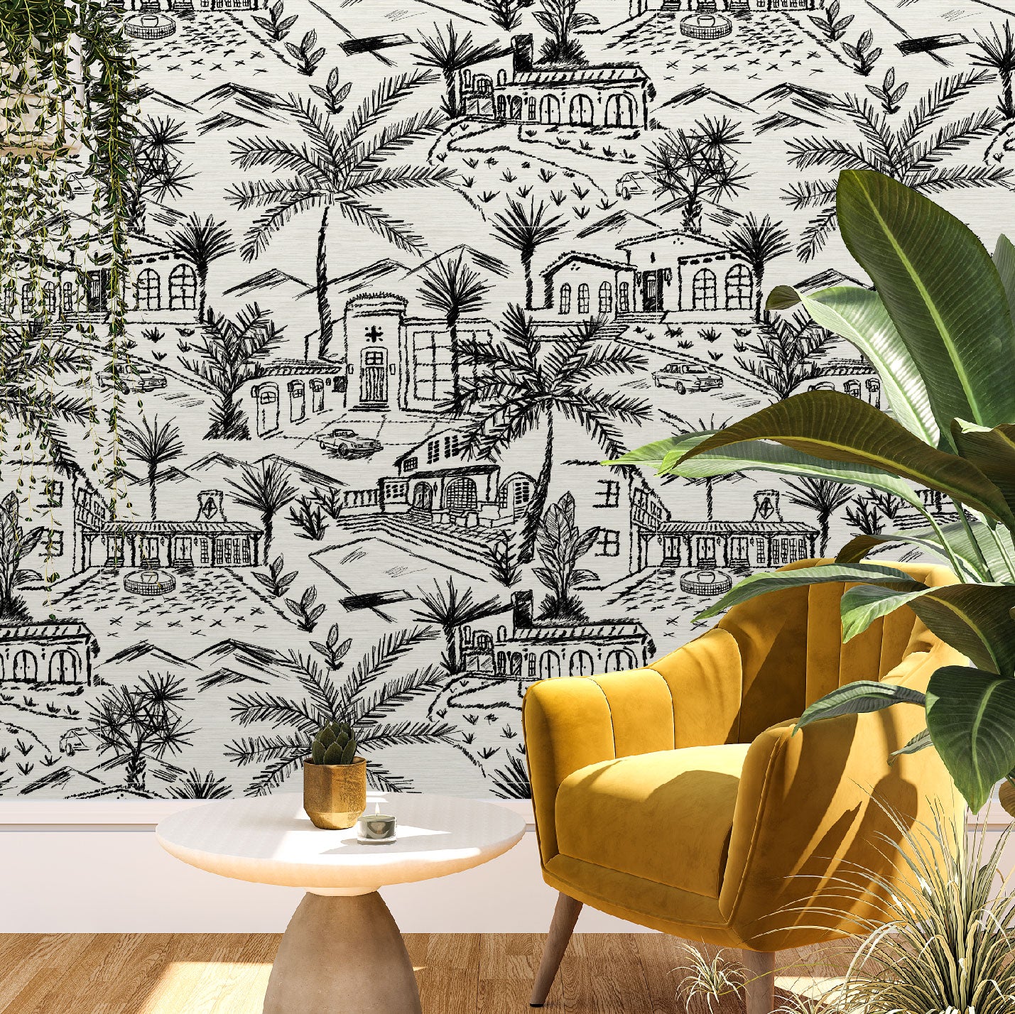 Living room with grasscloth printed modern toile design featuring white base and black graphic for a one color print with Spanish style houses, variety of palm trees and tropical and desert inspired plants, massive pools, vintage cars and fountains with mountains in the background.