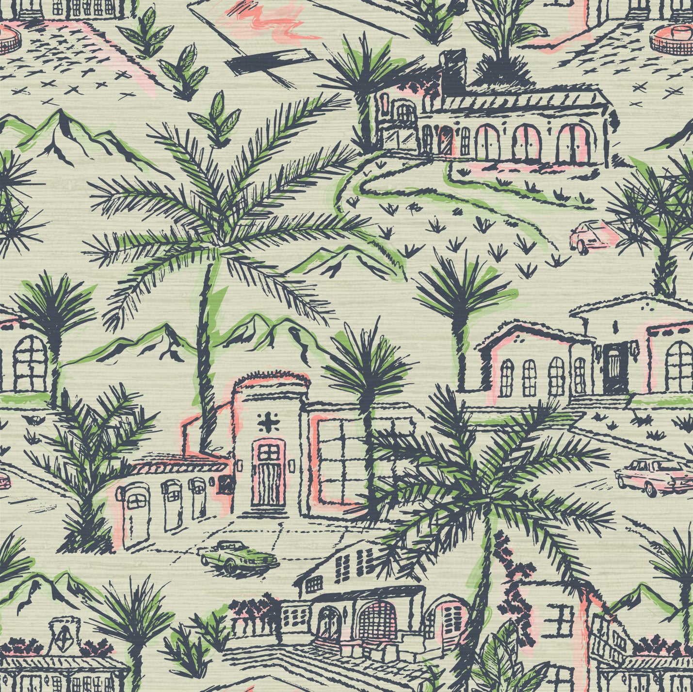 grasscloth wallpaper in modern toile print with Spanish style architecture houses, palm trees, pools, 1980s vintage cars mountains in the background. The print is a light green base with dark green, bright neon green and splashes of neon coral print