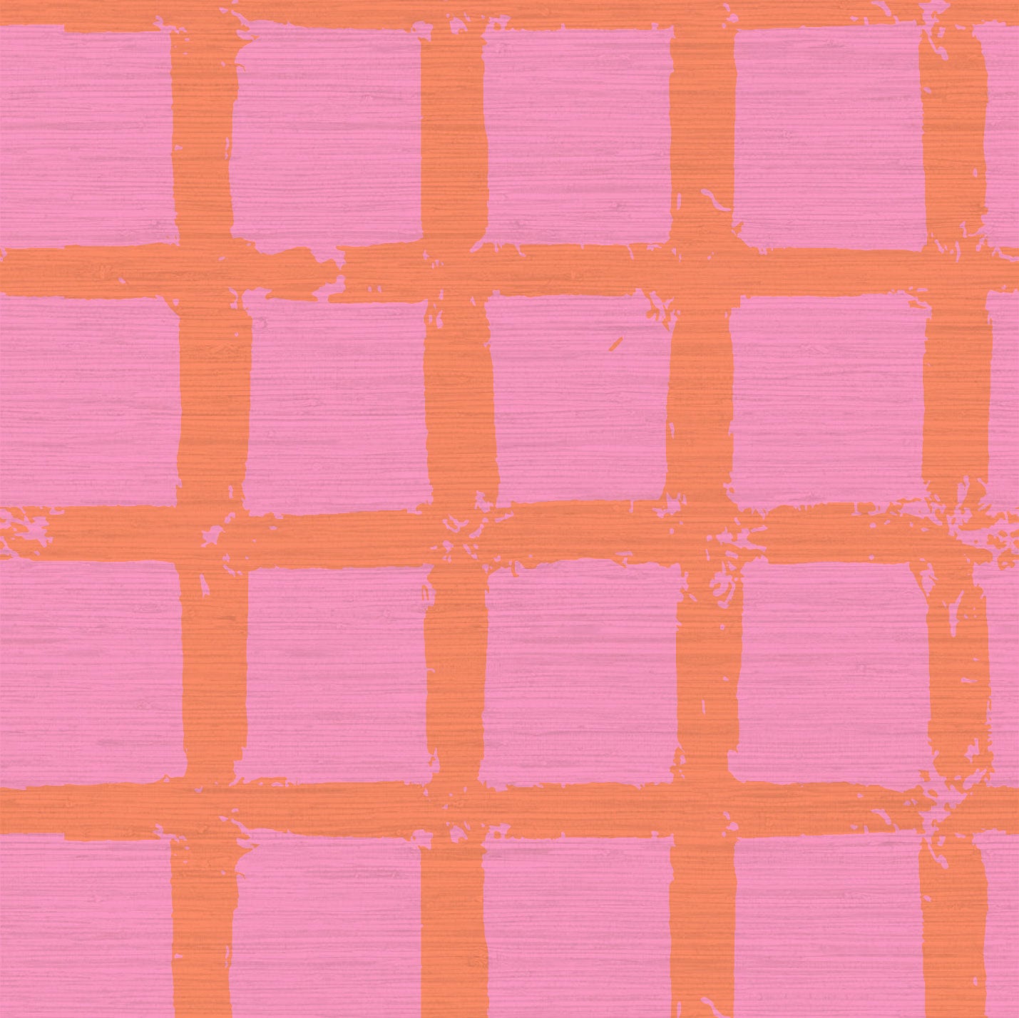 Grasscloth wallpaper in hand painted square pattern emulating window panes in an oversized plaid layout with a pastel pink base and dark orange print