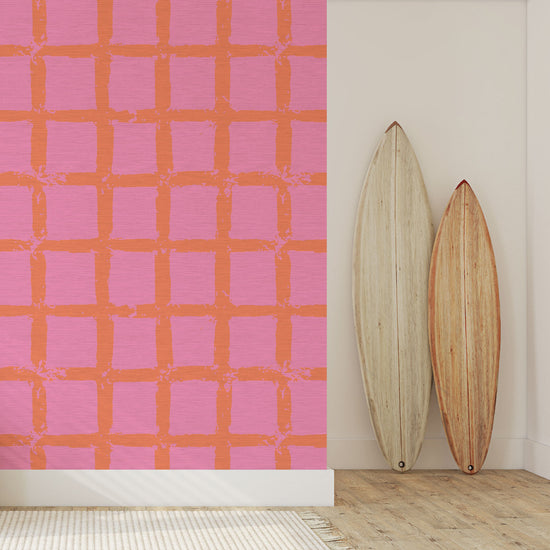 Load image into Gallery viewer, Grasscloth wallpaper in hand painted square pattern emulating window panes in an oversized plaid layout with a french blue base on cream printGrasscloth wallpaper Natural Textured Eco-Friendly Non-toxic High-quality Sustainable Interior Design Bold Custom Tailor-made Retro chic Bold coastal pink orange coral red hot pink foyer entrance surf shack
