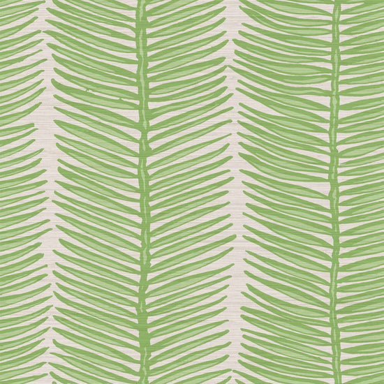 Cream based grasscloth wallpaper with vertical linear striped fern leaves filled with light green leaves and outlined in a tonally darker green
