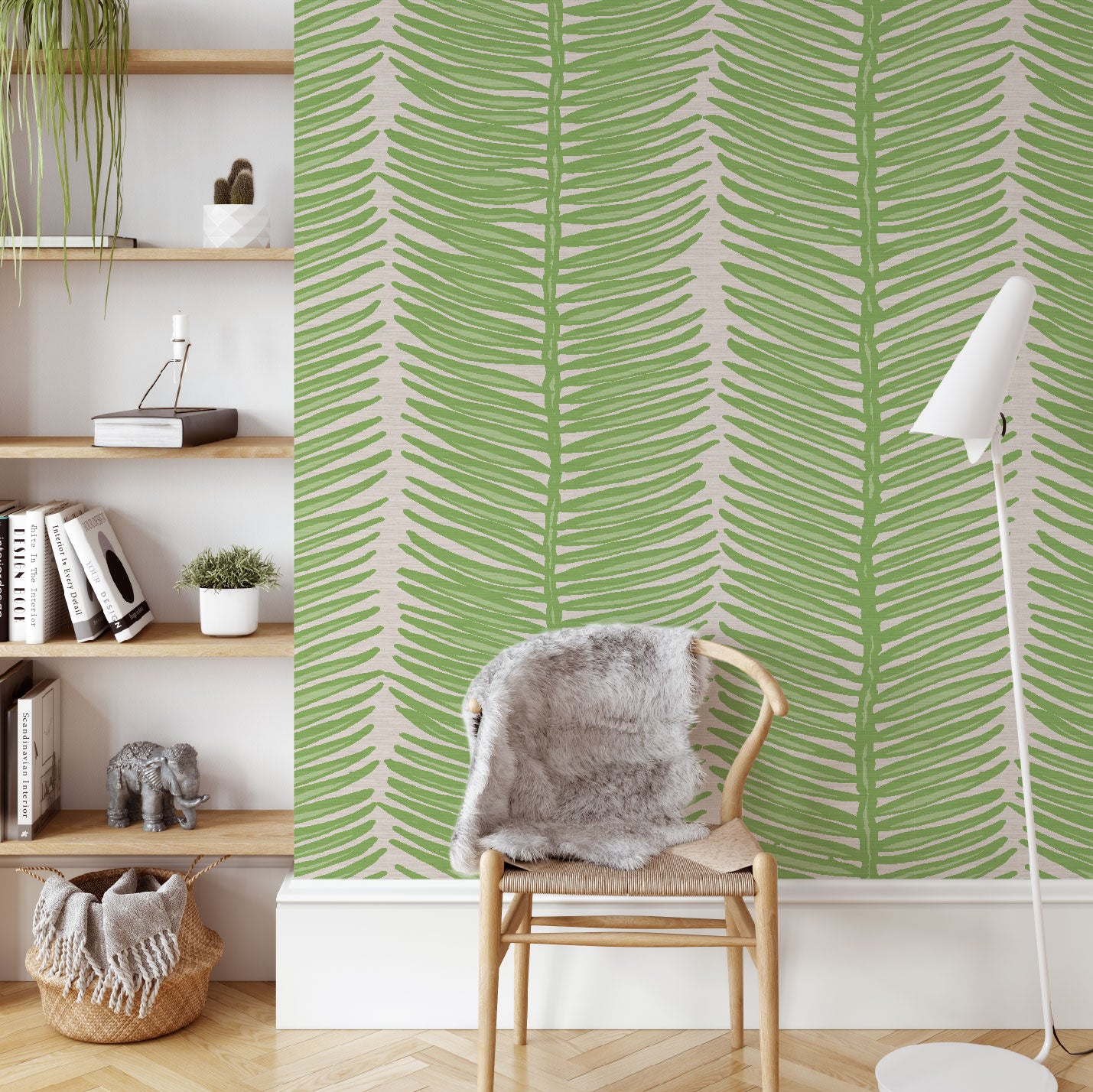 Living room with cream based grasscloth wallpaper with vertical linear striped fern leaves filled with light green leaves and outlined in a tonally darker green