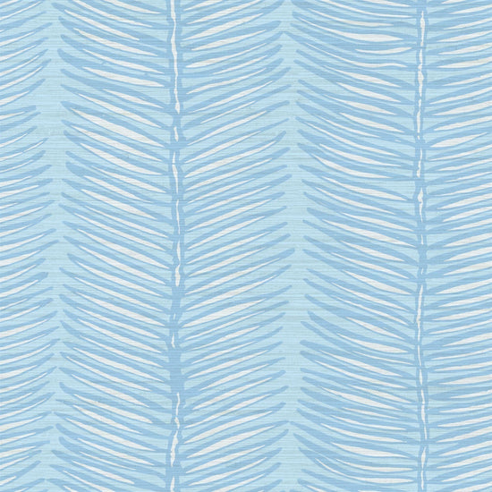 French Blue based grasscloth wallpaper with vertical linear striped fern leaves filled with white and outlined in tonally darker blue to the french blue base color