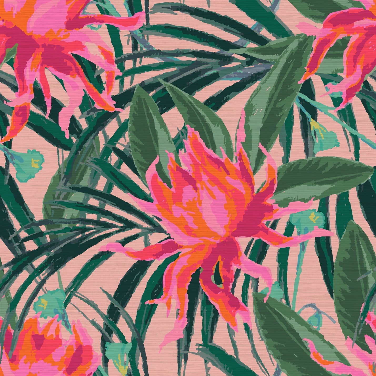 grasscloth wallpaper with light pink based featuring oversized painterly tropical flowers and palm leafs in striking shades of pink and leafs in shades of deep green