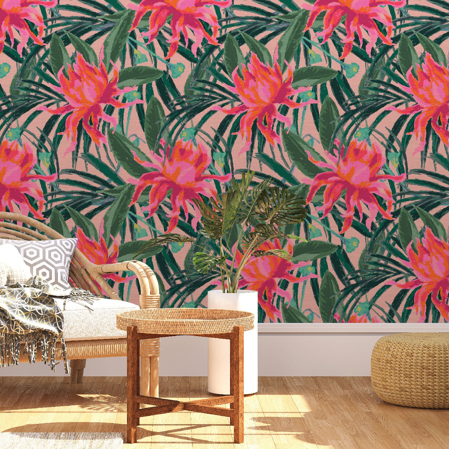 Load image into Gallery viewer, Living room with grasscloth wallpaper with light pink based featuring oversized painterly tropical flowers and palm leafs in striking shades of pink and leafs in shades of deep green
