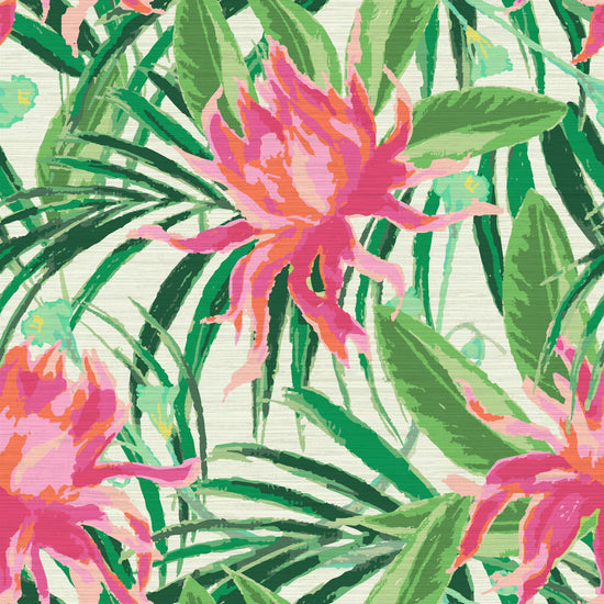 Load image into Gallery viewer, grasscloth wallpaper with cream based featuring oversized painterly tropical flowers and palm leafs in striking shades of pink and orange and leafs in shades of bright green

