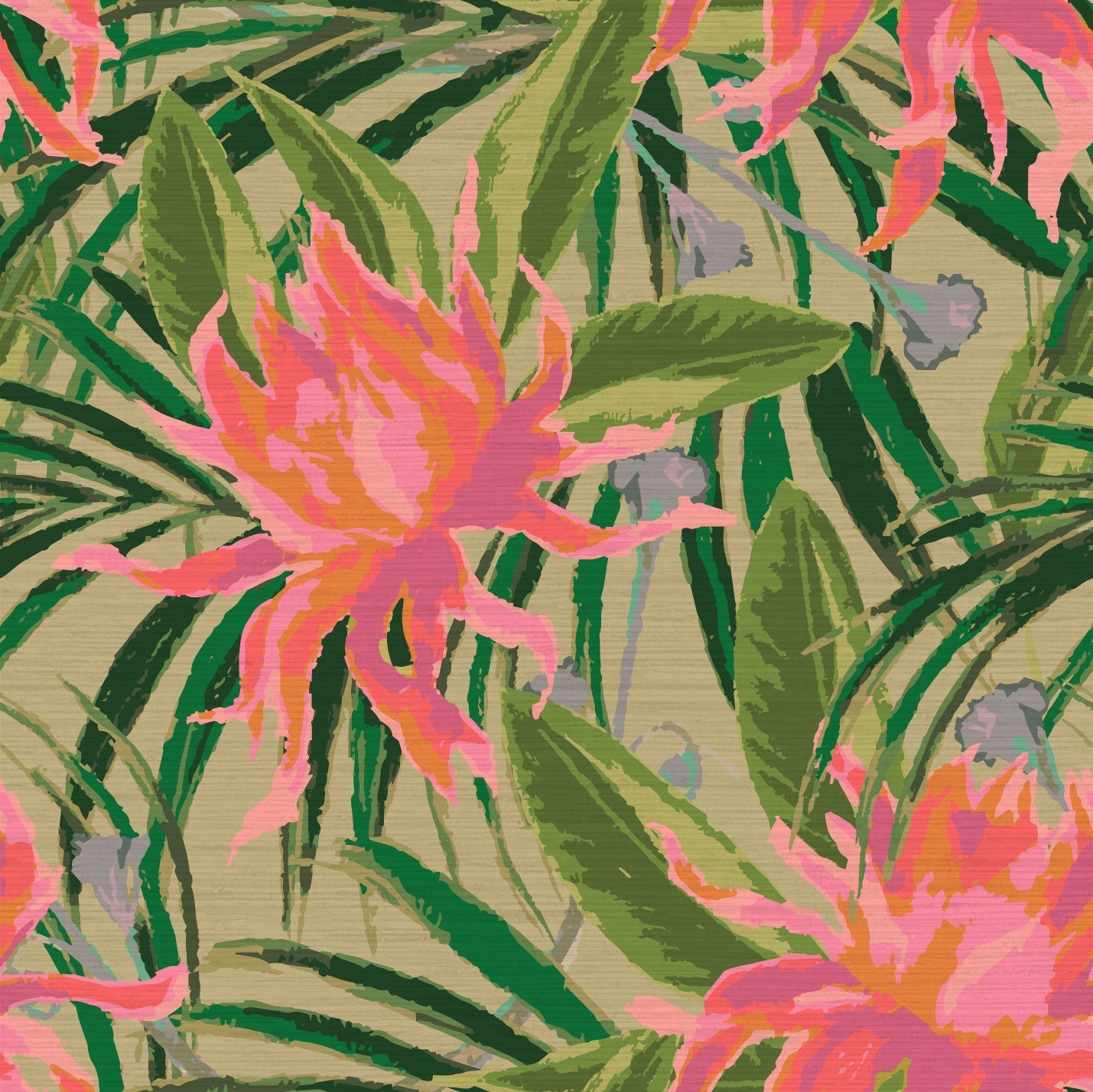 grasscloth wallpaper with olive green based featuring oversized painterly tropical flowers and palm leafs in striking shades of pink, orange and lavender and leafs in shades of deep green