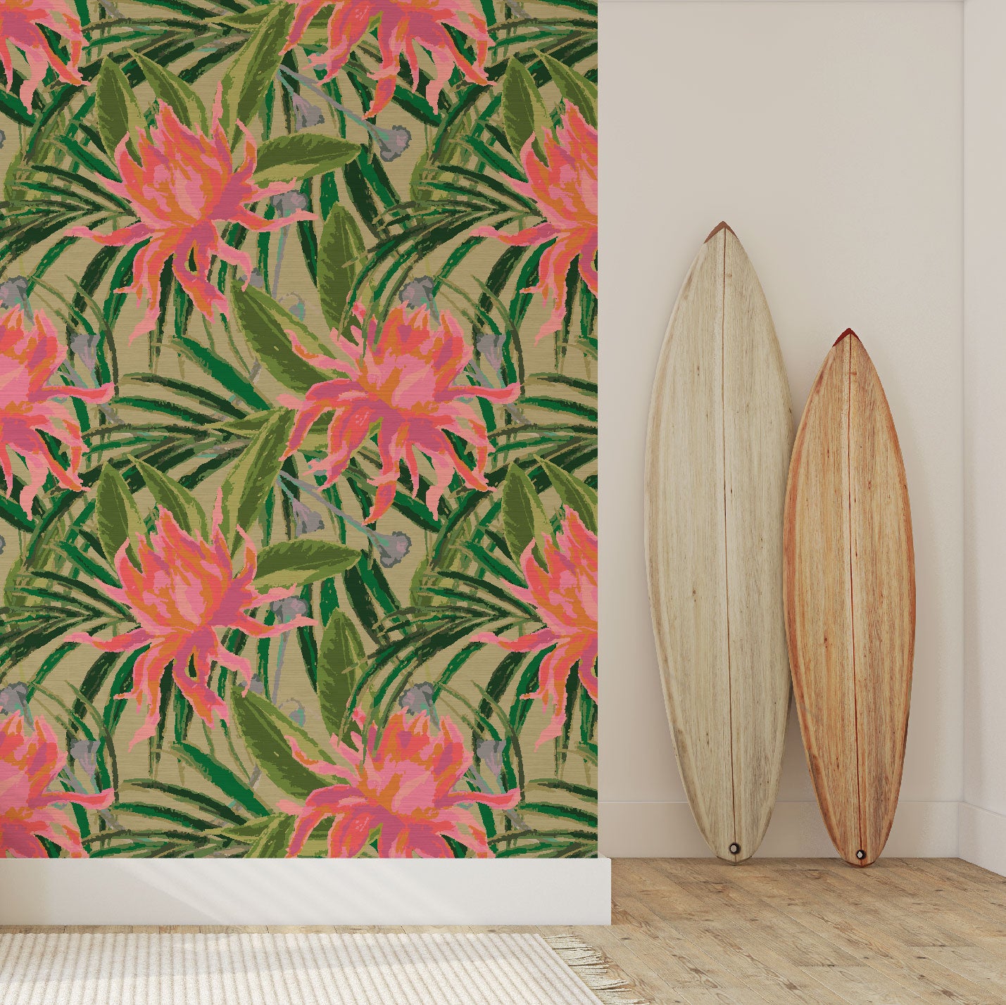 grasscloth wallpaper with olive green based featuring oversized painterly tropical flowers and palm leafs in striking shades of pink, orange and lavender and leafs in shades of deep green Natural Textured Eco-Friendly Non-toxic High-quality Sustainable Interior Design Bold Custom Tailor-made Retro chic Tropical Jungle Coastal preppy Garden Seaside Coastal Seashore Waterfront Vacation home styling Retreat Relaxed beach vibes Beach cottage Shoreline Oceanfront botanical palm leaf surf foyer entrance surf