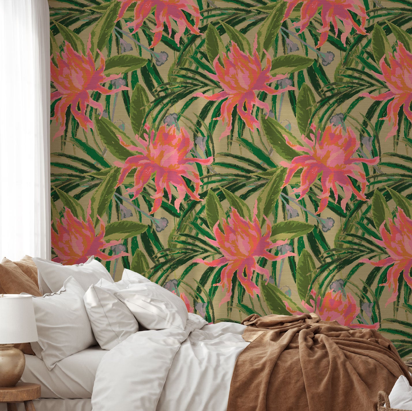 grasscloth wallpaper with olive green based featuring oversized painterly tropical flowers and palm leafs in striking shades of pink, orange and lavender and leafs in shades of deep green Natural Textured Eco-Friendly Non-toxic High-quality Sustainable Interior Design Bold Custom Tailor-made Retro chic Tropical Jungle Coastal preppy Garden Seaside Coastal Seashore Waterfront Vacation home styling Retreat Relaxed beach vibes Beach cottage Shoreline Oceanfront botanical palm leaf bedroomm