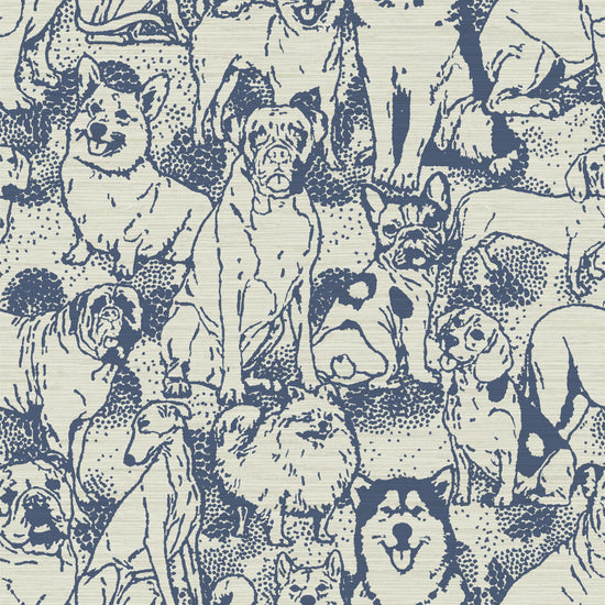 Allover dog printed grasscloth wallpaper featuring a variety of dogs: huskie, bulldogs, mastiff, wiener dogs, beagles, yorkie and more on an off white base with dusty slate print
