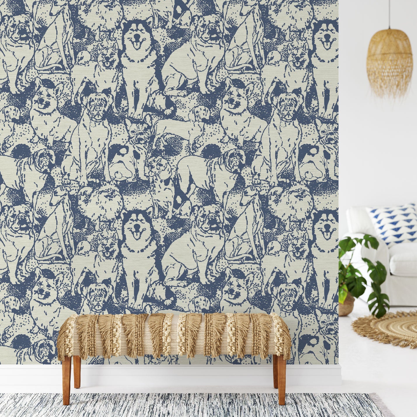 dog printed grasscloth wallpaper puppy huskie, bulldogs, mastiff, wiener, beagles, yorkie Natural Textured Eco-Friendly Non-toxic High-quality Sustainable Interior Design Bold Custom kids mudroom veterinary grooming animal pink olive cream white off-white navy slate grey neutral foyer entrance