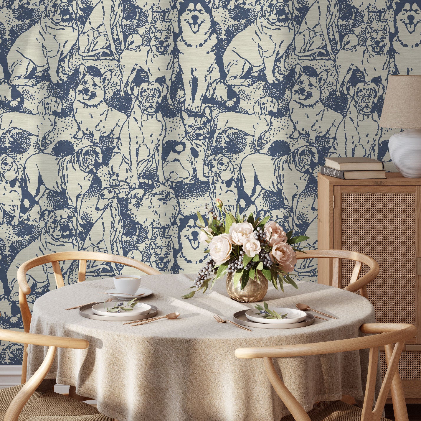 Load image into Gallery viewer, Dining room with allover dog printed grasscloth wallpaper featuring a variety of dogs: huskie, bulldogs, mastiff, wiener dogs, beagles, yorkie and more on an off white base with dusty slate print
