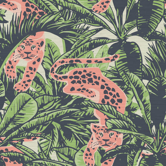 grasscloth printed wallpaper on off white base with allover palm prints in a variety of leaf shapes and variatals. Print includes neon cheetah in a paper cutout artwork aesthetic creeping through the palm leafs and locking eyes with the viewer.